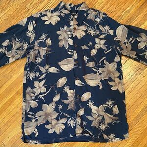 Brandini pure silk navy floral Hawaiian short sleeve button down polo